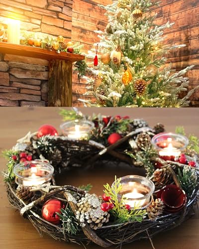 KAMACA XL Weihnachtskranz Dekokranz aus massiven Holzzweigen mit Deko wie Tannenzweigen und 4 Glas Kerzenhaltern Advent Weihnachten Deko Tisch (XL Adventskranz rot 34 x 34 x 8 cm) von KAMACA