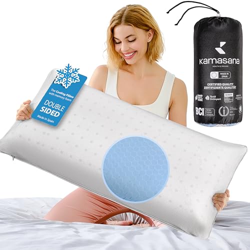 KAMASANA Anatomisches Kissen 40 x 80 - Höhe 13 cm - Kühlender Bezug in Hellblau - Memory-Schaum - Hypoallergen, Atmungsaktives Ergonomisches Kopfkissen mit Belüftung und Nackenstütze von KAMASANA