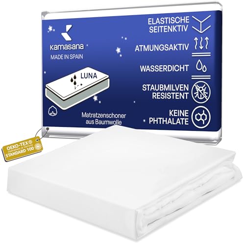 KAMASANA Luna Matratzenschoner Wasserdicht 180x200 Wasserdichte Matratzenauflage aus Baumwolle ohne Knistern Oeko-Tex zertifizierte Atmungsaktive Anti-Allergie Anti-Milben Spannbettlaken Made in Spain von KAMASANA