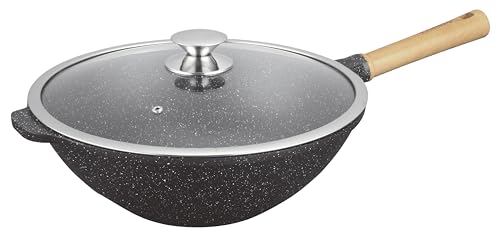 KAMBERG - Wok 32 cm – 5,0 Liter – fester Griff aus Holz – Aluminiumguss – Steinbeschichtung – Glasdeckel – für alle Herdarten einschließlich Induktion – ohne PFOA – 0008220 von KAMBERG