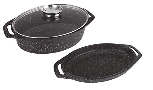 Kamberg – 0008049 – Dreiteiliger flacher Schmortopf 38 x 26 x 12,8 cm – Aluminiumguss – Beschichtung in Steinoptik – Mit Glasdeckel – Für alle Herdarten, auch Induktion – PFOA‑frei von KAMBERG