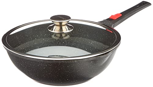 Kamberg 0008057 – Wok 30 cm – Abnehmbarer Griff – Aluminiumguss – Beschichtung in Steinoptik – Mit Glasdeckel – Für alle Herdarten, auch Induktion – PFOA‑frei, Aluminium, Schwarz von KAMBERG