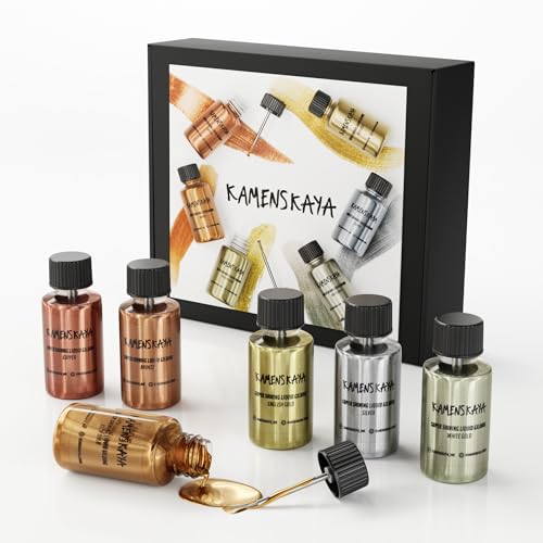 KAMENSKAYA Liquid Leaf Paint Set: Alkoholbasis, schnell trocknend, flüssige Vergoldung: sattes Gold, englisches Gold, Weißgold, Bronze, Kupfer, Silber, 6 Stück je 20 ml von KAMENSKAYA