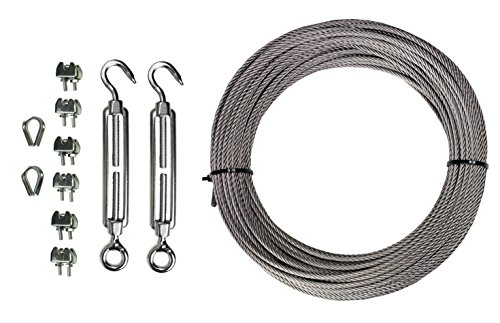 KAMERO Edelstahl V4A, Drahtseil-Set, Drahtseil, 2 Seilspanner, 6 Bügelklemmen, 2 Kauschen, 10 Meter, 5mm, rostfrei von KAMERO