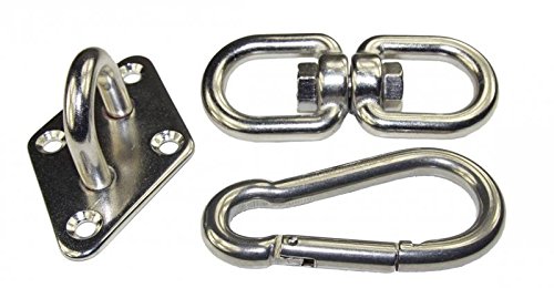 KAMERO Edelstahl V4A, Set Boxsack Aufhängung, Set bestehend aus Wandhaken, Karabiner, Drehwirbel, belastbar bis 230kg, rostfrei (Set ohne Dübel/Schrauben) von KAMERO