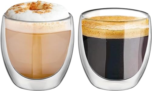 KAMEUN 250 ml Latte-Gläser, doppelwandige Glas-Kaffeetassen, Cappuccino-Macchiato-Becher, hitzebeständig, Borosilikat-Tasse für Espresso, Teebeutel, Getränke, Milch, Saft, Eis (250 ml), KS055 von KAMEUN