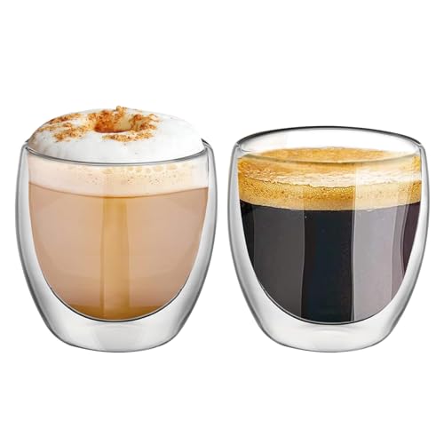 KAMEUN Latte Macchiato Gläser Doppelwandige, 2er Set 250ml Doppelwandige Gläser aus Borosilikatglas, Kaffeegläser Teegläser Thermogläser Doppelglas Cappuccino Gläser von KAMEUN