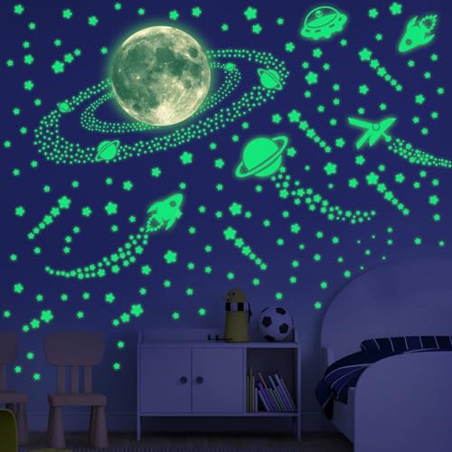 KAMEUN Weltraumthema Leuchtsterne Selbstklebend Wandsticker, Meteore Sterne und Mond Sternenhimmel Aufkleber Wanddeko, Leuchtsticker Wandtattoo für Kinderzimmer Schlafzimmer von KAMEUN