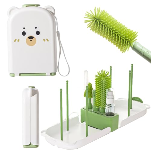 7 in 1 Babyflaschenbürsten Set Reise Flaschenbürste Baby mit Faltbarer Flaschenhalter Bürstenhaltern für Zuhause und Reisen - KAMHBE (Grün) von KAMHBE