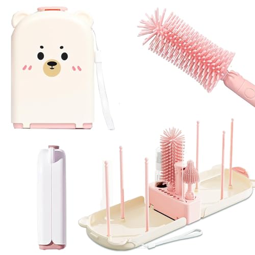 7 in 1 Babyflaschenbürsten Set Reise Flaschenbürste Baby mit Faltbarer Flaschenhalter Bürstenhaltern für Zuhause und Reisen - KAMHBE (Rosa) von KAMHBE
