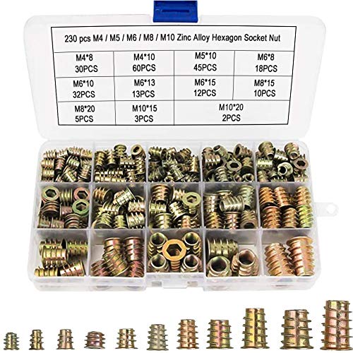 Ruolin 230 Stück Einschraubmutter Set, M4 M5 M6 M8 M10 Zink-legierung Innensechskant Mutter mit Abdeckrand Antriebsmutter Holzeinsatz Muttern Gewindeeinsatz Möbel Hex Sortiment für Weiches Holzmöbel von Ruolin