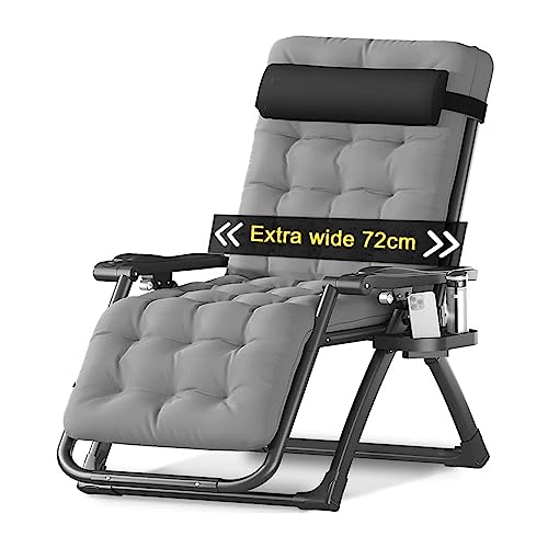 Übergroßer gepolsterter Null-Gravitations-Stuhl, klappbarer Terrassenstuhl mit abnehmbarem Kissen, Kopfstütze, Tassenhalterablage von KAMPCO