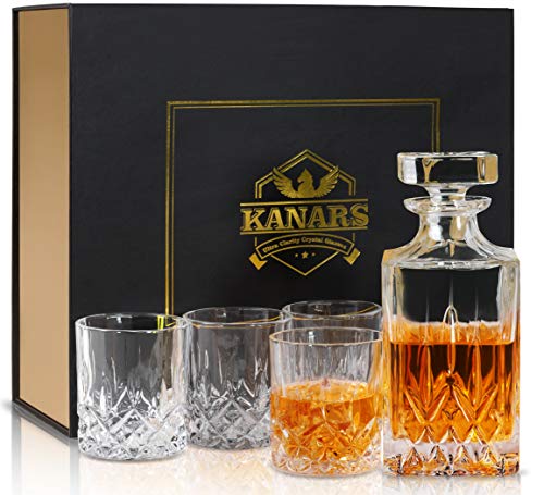 KANARS Whiskey Gläser und Karaffe Set, 750 ml Whisky Dekanter mit 4x 300 ml Gläser, Bleifrei Kristallgläser, Schöne Geschenk Box, Hochwertig, 5-teiliges von KANARS