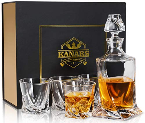 KANARS Whisky Karaffe und Gläser Set, 800 ml Bleifrei Kristall Whiskey Dekanter mit 4x 300 ml Gläsern, 5-Teiliges, Geschenkbox von KANARS