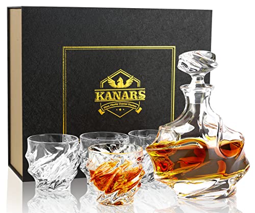 KANARS Whisky Karaffe und Gläser Set, 750 ml Whiskey Dekanter mit 4x 260 ml Gläser, Bleifrei Kristallgläser, 5-teiliges, Luxuriös Geschenk Transparent von KANARS