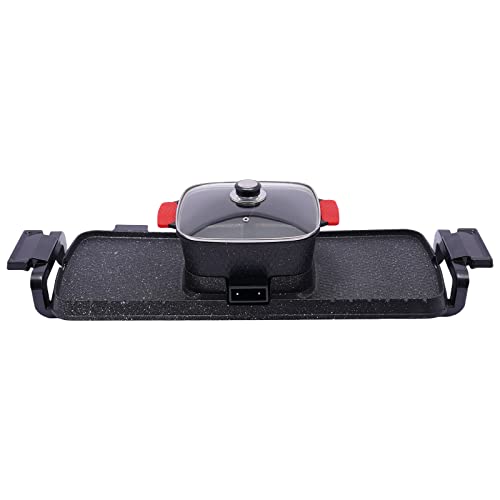 KANBCNG 2 in 1 Elektrischer Barbecue Heißtopf 1100W+1100W Doppelte Kontrolle Shabu Shabu Separater Temperaturregelung Antihaftbeschichtung Multifunktion Teppanyaki Grilltopf Heißtopf mit Grill von KANBCNG