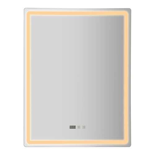 KANBCNG Badezimmer Wandspiegel Spiegel Bad Badspiegel mit Beleuchtung Spiegel mit LED Licht Defog Stufenlos Dimmbar Anzeigen Temperatur und Uhrzeit Wandspiegel mit Touch Schalter LED Badezimmerspiegel von KANBCNG