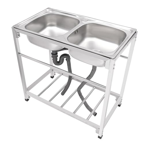 KANBCNG Kommerzielle Edelstahlspüle Freistehende Doppelspüle 83*43.94*76.96cm Einstellbare Höhe mit Ablagefach und Querstange Einbauspüle Küchenspüle Multifunktions Waschtisch Outdoor Doppelspülbecken KANBCNG Kommerzielle Edelstahlspüle Freistehende Doppelspüle 83*43.94*76.96cm Einstellbare Höhe mit Ablagefach und Querstange Einbauspüle Küchenspüle Multifunktions Waschtisch Outdoor Doppelspülbecken von KANBCNG