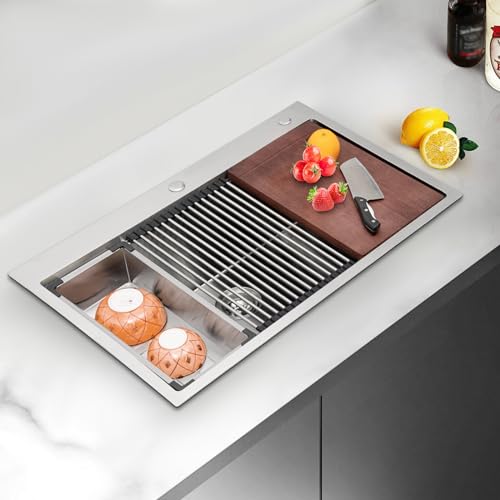 KANBCNG Küche Spüle Edelstahl Drop-in-Spüle mit Hahnloch Eckig Spülbecken 1 Becken Küchenspüle mit Schneidebrett und Aufrollbarer Abtropfständer Multifunktional Spühlbecken Ausgussbecken Silber KANBCNG Küche Spüle Edelstahl Drop-in-Spüle mit Hahnloch Eckig Spülbecken 1 Becken Küchenspüle mit Schneidebrett und Aufrollbarer Abtropfständer Multifunktional Spühlbecken Ausgussbecken Silber von KANBCNG