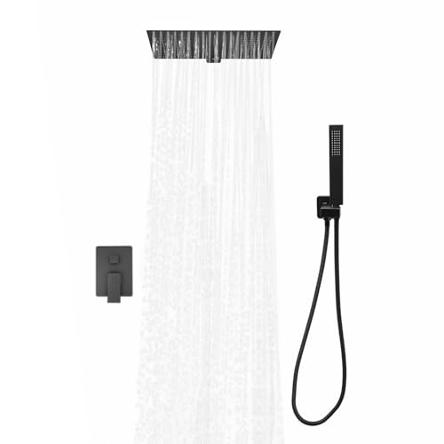 KANBCNG Unterputz Duscharmatur Schwarz Quadrat Armatur Dusche Set Duschsystem mit Regendusche Regeneffekt Wasserfall Duschkopf Set mit Handbrause 360° Drehbare Brausekopf von KANBCNG