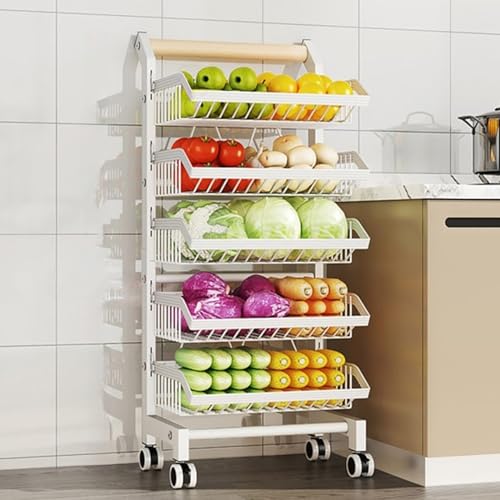 KANBUN Einstellbare Rollspeisevorrangspeicher, Einzelhandels-Display-Rack-Ständer Metall-Snack-Display-Karren mit Rädern, 3 4 5-tierende Küchenkartons für Obst-Gemüse-Chips Spielzeug Spielzeug von KANBUN
