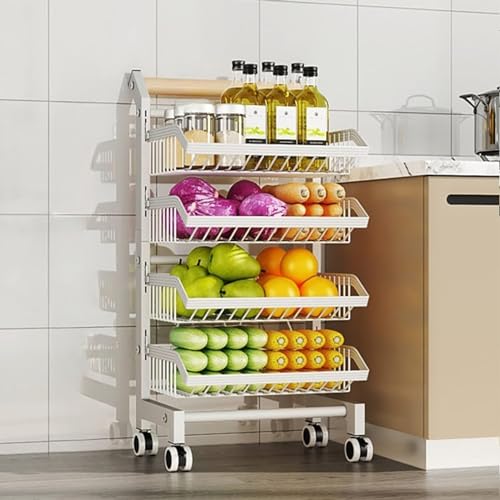KANBUN Einstellbare Rollspeisevorrangspeicher, Einzelhandels-Display-Rack-Ständer Metall-Snack-Display-Karren mit Rädern, 3 4 5-tierende Küchenkartons für Obst-Gemüse-Chips Spielzeug Spielzeug von KANBUN