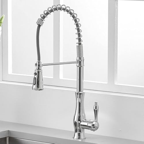 KANBUN Küchenarmaturen mit Spray, Eingriff ausziehen, 360 ° drehbarer Messingspüle Wasserhahn, heißer und kalter Wassermixer -Federstil (Chrom) von KANBUN