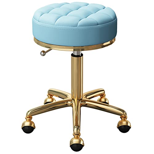 KANBUN Rundsitz Rolling Stuhl Beauty Salons Büro Schwenkstangenhocker mit Goldmetallstahl 5 Krallen und Erdrädern, einstellbare 47-64 cm (Farbe: Hellblau) von KANBUN