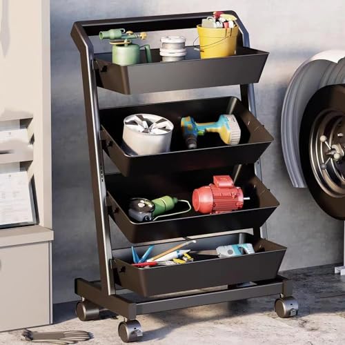 Rolling Storage Cart mit Rädern Snackwagen, Lagerregal für Küche, freistehende rotierende Lagerregalkorb, für Obst, Gemüse (Größe: 4 Stufen, Farbe: Schwarz - a) von KANBUN
