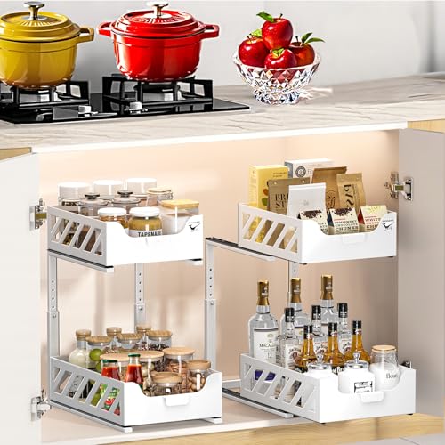 KANCAMPI Arbeitsplatte küche Spülbecken Organizer,Spülschrank Organizer Gewürzregal schublade,2PAK-Metall schrank organizer küche,Putzmittel organizer küchen Teleskopschublade ausziehbare schublade von KANCAMPI