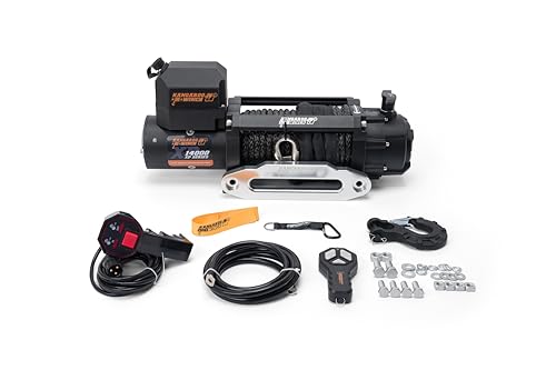 KANGAROO WINCH Schnelle Elektrische Seilwinde 12V mit Funkfernsteuerung - 14 000 lbs Zugkraft - Langlebiges Kunststoffseil - Perfekt für Offroad - 4x4 Forst- und Nutzfahrzeuge (K14000XP) von KANGAROO WINCH