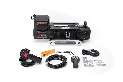 KANGAROO WINCH Schnelle Elektrische Seilwinde 12V mit Funkfernsteuerung - 7000 lbs Zugkraft - Langlebiges Kunststoffseil - Perfekt für Offroad - 4x4 Forst- und Nutzfahrzeuge (K7000XP) von KANGAROO WINCH