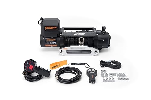 KANGAROO WINCH Schnelle Elektrische Seilwinde 12V mit Funkfernsteuerung - 8000 lbs Zugkraft - Langlebiges Kunststoffseil - Perfekt für Offroad - 4x4 Forst- und Nutzfahrzeuge (K8000XP) von KANGAROO WINCH
