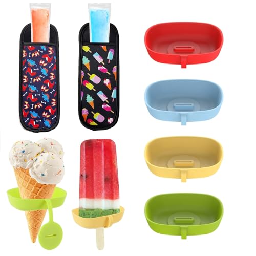 4 Stück Tropffreier Eis am Stiel-Halter für Kinder,Wiederverwendbar Silikon Eishalterung,Popsicle Waffelhörnchen Tropfschutz Holder,Tropffrei Eislutscher Halterung,Pop Taschen,für Eiswaffeln＆Eis Stie von KANGWFAN