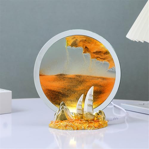 KANLVU Sandbilder 3D Fließende Sandmalerei Flüssige Bewegung Sandscape Runder Glasrahmen Entspannender Schreibtisch Zuhause Büro Arbeitsdekoration(Gelb) von KANLVU