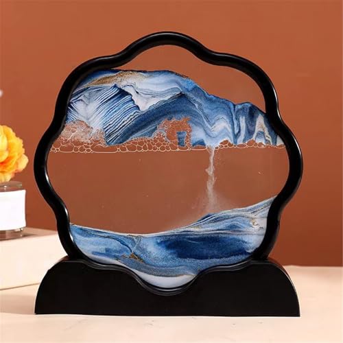 KANLVU Sandbilder Bild Flüssige Bewegung Rahmen In PflaumenblüTenform Fließende Sandmalerei Für Stressabbau Sanduhr Sandscape Dekorationsgeschenk(Blau,Black Frame) von KANLVU