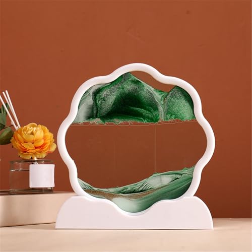 KANLVU Sandbilder Bild Flüssige Bewegung Rahmen In PflaumenblüTenform Fließende Sandmalerei Für Stressabbau Sanduhr Sandscape Dekorationsgeschenk(GrüN,White Frame) von KANLVU