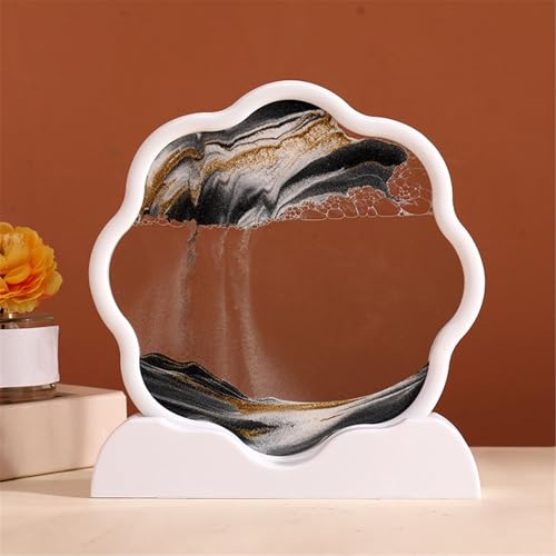 KANLVU Sandbilder Bild Flüssige Bewegung Rahmen In PflaumenblüTenform Fließende Sandmalerei Für Stressabbau Sanduhr Sandscape Dekorationsgeschenk(Schwarz,White Frame) von KANLVU