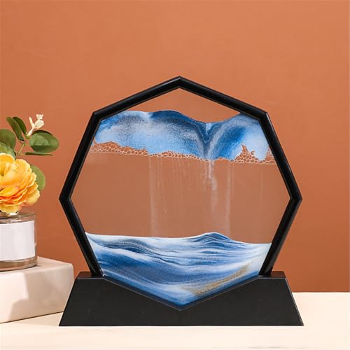 KANLVU Sandbilder Dekanter Flüssige Bewegung Sandscape Achteckiger Rahmen Fließende Sandmalerei Raumdekoration Meditation Entspannungsgeschenke Bewegende Sandkunst(Blau,Black Frame) von KANLVU