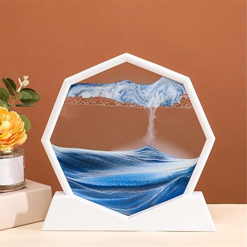 KANLVU Sandbilder Dekanter Flüssige Bewegung Sandscape Achteckiger Rahmen Fließende Sandmalerei Raumdekoration Meditation Entspannungsgeschenke Bewegende Sandkunst(Blau,White Frame) von KANLVU