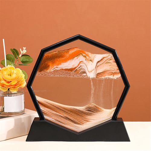 KANLVU Sandbilder Dekanter Flüssige Bewegung Sandscape Achteckiger Rahmen Fließende Sandmalerei Raumdekoration Meditation Entspannungsgeschenke Bewegende Sandkunst(Brown,Black Frame) von KANLVU