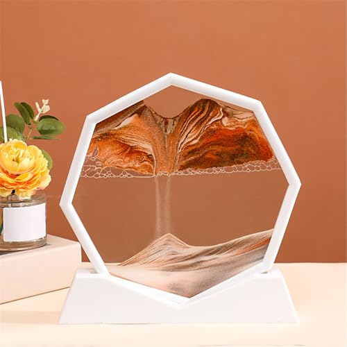 KANLVU Sandbilder Dekanter Flüssige Bewegung Sandscape Achteckiger Rahmen Fließende Sandmalerei Raumdekoration Meditation Entspannungsgeschenke Bewegende Sandkunst(Brown,White Frame) von KANLVU