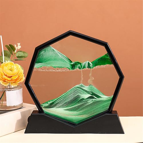 KANLVU Sandbilder Dekanter Flüssige Bewegung Sandscape Achteckiger Rahmen Fließende Sandmalerei Raumdekoration Meditation Entspannungsgeschenke Bewegende Sandkunst(GrüN,Black Frame) von KANLVU