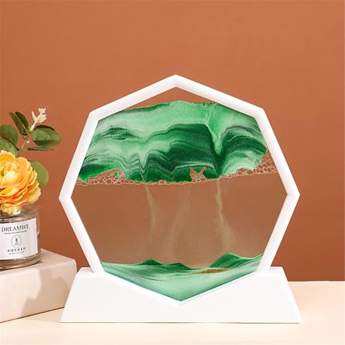 KANLVU Sandbilder Dekanter Flüssige Bewegung Sandscape Achteckiger Rahmen Fließende Sandmalerei Raumdekoration Meditation Entspannungsgeschenke Bewegende Sandkunst(GrüN,White Frame) von KANLVU