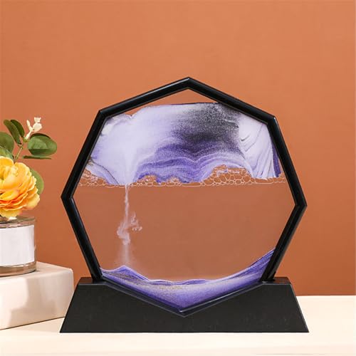 KANLVU Sandbilder Dekanter Flüssige Bewegung Sandscape Achteckiger Rahmen Fließende Sandmalerei Raumdekoration Meditation Entspannungsgeschenke Bewegende Sandkunst(Purple,Black Frame) von KANLVU