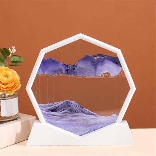 KANLVU Sandbilder Dekanter Flüssige Bewegung Sandscape Achteckiger Rahmen Fließende Sandmalerei Raumdekoration Meditation Entspannungsgeschenke Bewegende Sandkunst(Purple,White Frame) von KANLVU