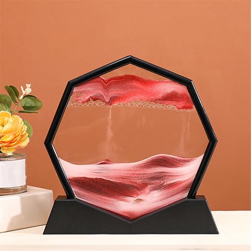 KANLVU Sandbilder Dekanter Flüssige Bewegung Sandscape Achteckiger Rahmen Fließende Sandmalerei Raumdekoration Meditation Entspannungsgeschenke Bewegende Sandkunst(Rot,Black Frame) von KANLVU