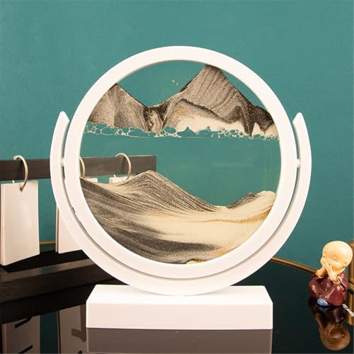 KANLVU Sandbilder Sandscape 3D Flüssige Bewegung Dynamischer Schreibtisch 360° Drehbar Fließende Sandmalerei Für Büro Meditation Stressabbau(Black,12IN_White Frame) von KANLVU