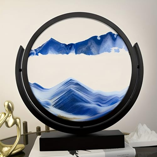 KANLVU Sandbilder Sandscape 3D Flüssige Bewegung Dynamischer Schreibtisch 360° Drehbar Fließende Sandmalerei Für Büro Meditation Stressabbau(Blue,12IN_Black Frame) von KANLVU