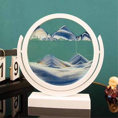 KANLVU Sandbilder Sandscape 3D Flüssige Bewegung Dynamischer Schreibtisch 360° Drehbar Fließende Sandmalerei Für Büro Meditation Stressabbau(Blue,8IN_White Frame) von KANLVU